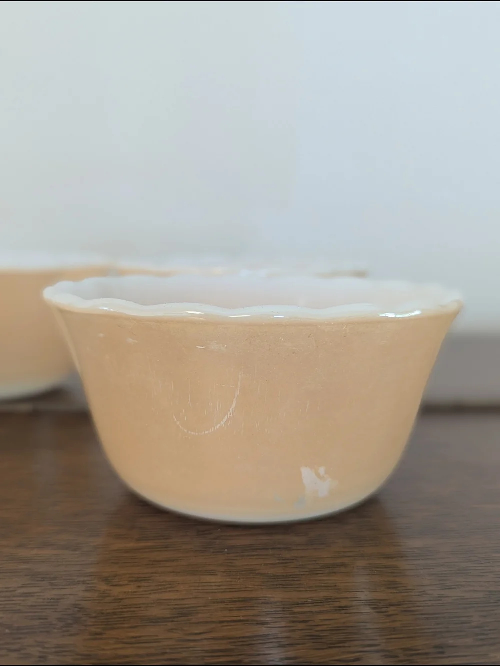 Set of 4 Fire King Peach Lustre Custard Cups • Scalloped Berry Bowls MCM